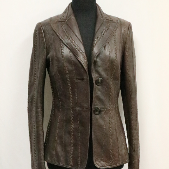 Escada Jackets & Blazers - Vintage ESCADA Woven Leather 2-Button Jacket